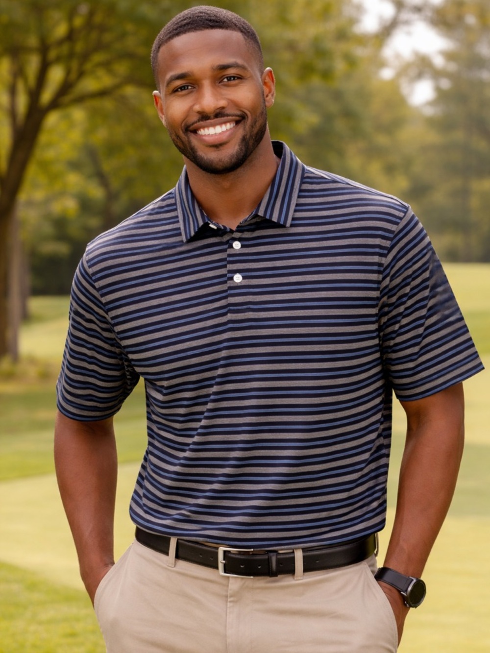 Gold Label Roundtree & Yorke Polo Shirt Men’s XL Navy Black Stripe Performance